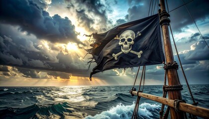 Jolly Roger ondeando en un mástil de madera de un barco pirata antiguo, bandera negra rota y desgastada en las esquinas, detalles del paso del tiempo y batallas, mar abierto con niebla 