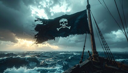 Jolly Roger ondeando en un mástil de madera de un barco pirata antiguo, bandera negra rota y desgastada en las esquinas, detalles del paso del tiempo y batallas, mar abierto con niebla 