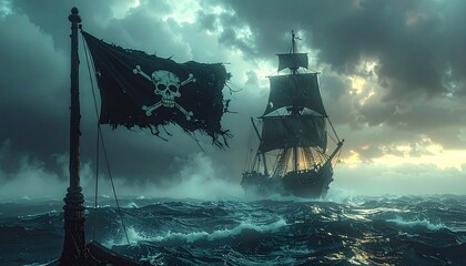 Jolly Roger ondeando en un mástil de madera de un barco pirata antiguo, bandera negra rota y desgastada en las esquinas, detalles del paso del tiempo y batallas, mar abierto con niebla 