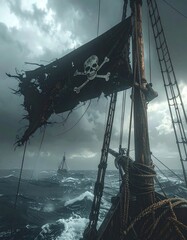 Jolly Roger ondeando en un mástil de madera de un barco pirata antiguo, bandera negra rota y desgastada en las esquinas, detalles del paso del tiempo y batallas, mar abierto con niebla 