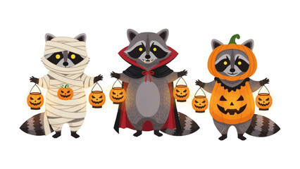 Halloween Raccoon Trio: Adorable raccoon characters dressed in Halloween costumes—mummy, vampire, and pumpkin—bring spooky charm to the season.