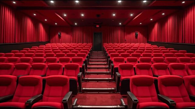 Empty red theater with rows of plush seats and a dark entrance, creating a cinematic atmosphere