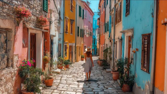 Woman strolls through a vibrant, picturesque street in Rovinj, Croatia.