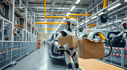Robotic Efficiency: A state-of-the-art automotive assembly line, showcasing futuristic automation with a robot delivering a package in an industrial setting. 