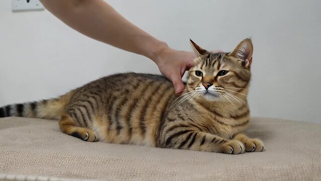 male human hand gently petting tame feline animal kept as household pet
