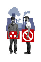 Vertical photo collage of serious men workers factory nuclear air pollution biohazard hold stop reactor sign isolated on painted background