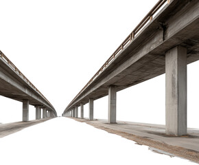 Two concrete overpasses or elevated highways receding into the distance on a transparent background, creating a sense of perspective and architectural lines