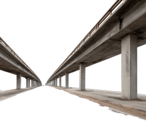 Two concrete overpasses or elevated highways receding into the distance on a transparent background, creating a sense of perspective and architectural lines