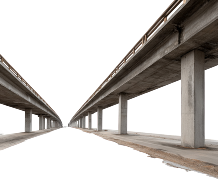 Two concrete overpasses or elevated highways receding into the distance on a transparent background, creating a sense of perspective and architectural lines