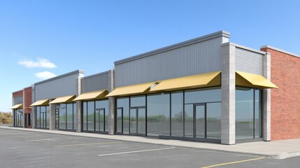 Naklejka premium A modern retail building constructed from brick is characterized by its large windows and generous parking area on a sunny day