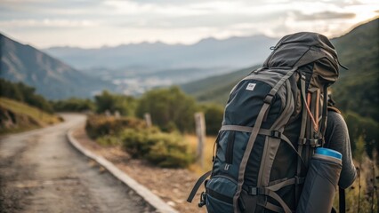 Adventurer Hiking with Backpack on Scenic Mountain Trail
