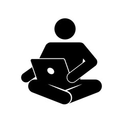 Black and white stick figure vector illustration of a person sitting cross-legged with a laptop. Concept of remote work, studying, freelance and online learning.
