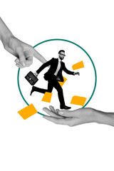 Vertical poster collage young businessman run ambition leadership boss formalwear hand body fragment trader investor drawing background