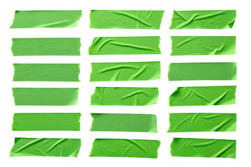 Collection of torn green masking tape strips isolated on transparent background