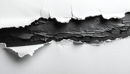 A horizontally-oriented close-up shot of a piece of white paper with a long, irregular tear revealing a dark, textured background.  The tear is uneven, with jagged edges and varying depths