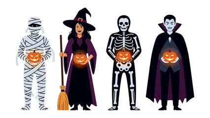 Enchanting Halloween Ensemble: A quartet of whimsical Halloween characters, including a mummy, witch, skeleton, and vampire, each clutching a glowing pumpkin.