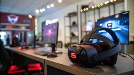 Modern Gaming Setup with VR Headset in Tech Room