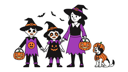 Halloween Family Fun: Vector illustration of a family wearing Halloween costumes and holding a pumpkin in a playful mood