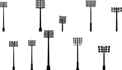 Stadium light pole silhouette set, floodlight vector illustration, sports field illumination design, outdoor arena lighting system, electricity infrastructure drawing, engineering lamp collection