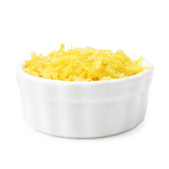 Lemon zest in bowl isolated on white