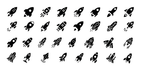 Rocket icon set, vector rocket silhouette, startup symbol. Collection of black rocket ship silhouette with different designs. Space shuttle, spaceship launch futuristic design, technology, innovation