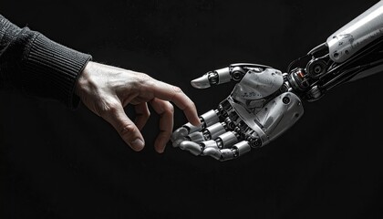 A human hand and a robotic hand reach towards each other, fingers almost touching against a dark background, symbolizing connection between humanity and technology