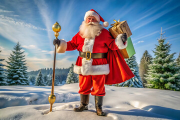 Santa Claus Standing in a Snowy Winter Landscape Holding a Staff and Gifts Keywords: Santa Claus, Christmas, winter, snow, landscape, gifts isolated on a transparent background