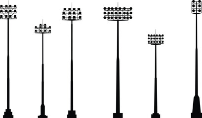 Stadium light pole silhouette set, floodlight vector illustration, sports field illumination design, outdoor arena lighting system, electricity infrastructure drawing, engineering lamp post