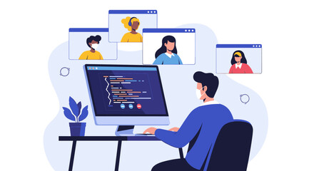 Man coding on computer with video conference.