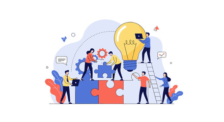 Teamwork and Innovation Concept with People Building a Light Bulb Idea.