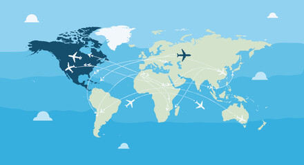 Global Air Travel Network Connecting Continents with Airplanes.