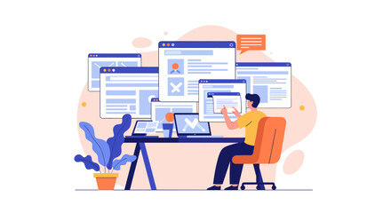 Man working at desk with multiple computer screens and devices.