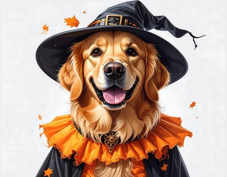 Digital portrait of a golden retriever dog wearing a witch's costume