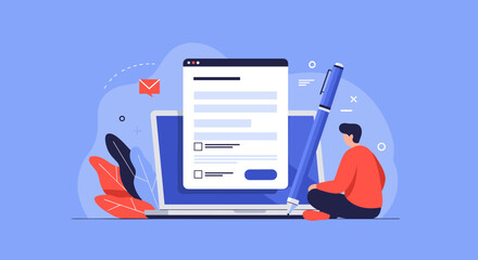 Online Survey Form on Laptop with Pen and Person.