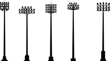Stadium light pole silhouette set, floodlight vector illustration, sports field lighting design, outdoor arena illumination, electricity infrastructure drawing, engineering lamp post collection © Sabbir's World