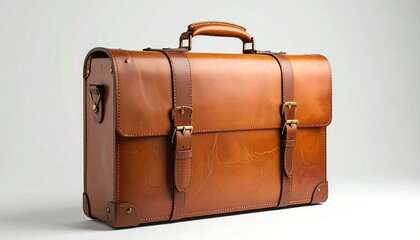 A large, light brown leather briefcase with two buckles, a top handle, and brass-colored accents sits on a white background.  It has a vintage or antique aesthetic