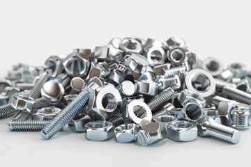 A large pile of shiny metallic nuts and bolts sits on a light gray surface.  The various fasteners are scattered haphazardly, showcasing their reflective surfaces