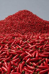 A large pile of vibrant red chili peppers, forming a hill-like shape against a muted gray background.  The peppers are densely packed, showcasing their pointed ends and slight variations in size