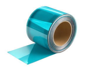 A roll of shiny blue metallic tape, isolated on transparent background, with a strip of tape unrolled