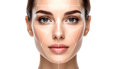 PNG Female Face with Symmetry Mapping Grid for Skin Analysis, Dermatology and AI Concept, Isolated