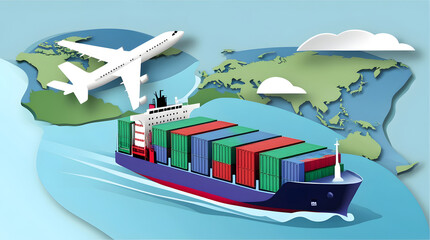 Global Logistics Illustration: An illustrative depiction of global logistics showcasing the interconnectedness of transport modes and international trade. Featuring cargo ship, airplane.