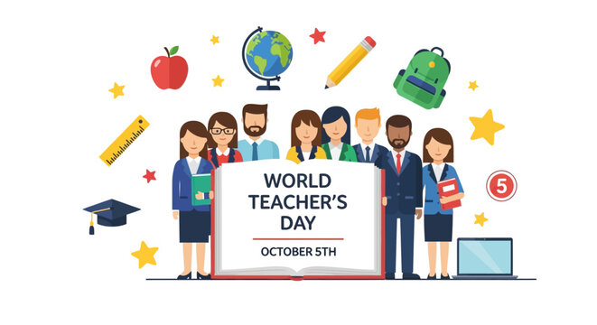 Happy Teacher's Day with A group of teachers from various fields gathers in teacher's day. Flat vector illustration