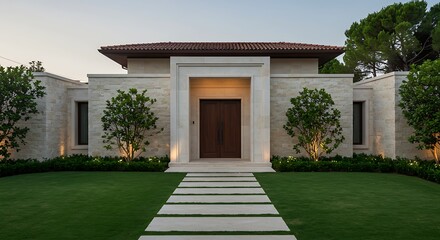 Modern Single Story House with Stone Facade and Landscaping