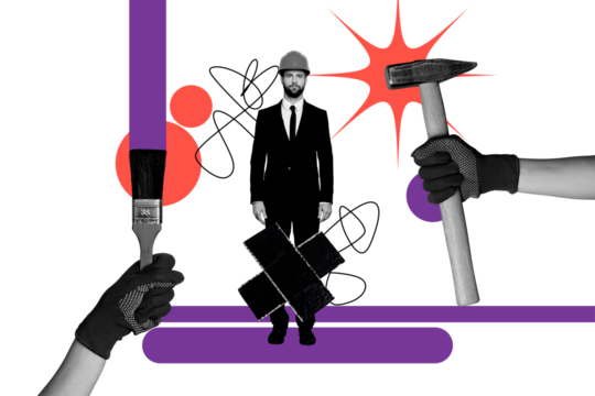 Photo collage artwork minimal picture of busy guy enjoying building process isolated creative background