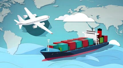 Global Cargo Transport: A dynamic image showcasing the multifaceted world of international shipping and air transport, capturing the essence of global trade with a container ship and airplane.