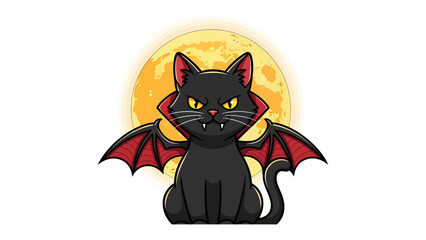 Feline of the Night: An adorable yet eerie black cat, complete with bat wings and fangs, stands against a luminous full moon backdrop, evoking a sense of mystery and spooky charm.