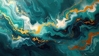 Fluid and captivating abstract artwork showcases swirling patterns in various shades of teal and deep turquoise, intersected by shimmering gold accents, creating a luxurious and dynamic visual...