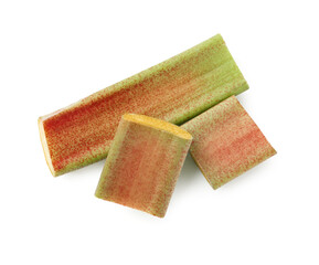 Pieces of fresh rhubarb stalk isolated on white, top view © New Africa
