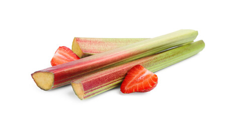 Fresh rhubarb stalks and strawberry isolated on white