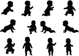 Baby silhouette vector set showing crawling, standing, walking, and sitting poses of infants, cute toddler child illustration design collection.